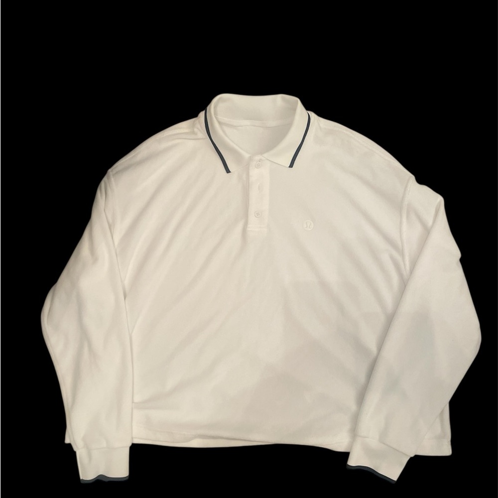 Lululemon White Terry shirt with Black Trim on collar. 3 button down.